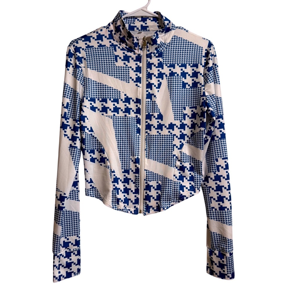 Womens Blue White Pixelated Houndstooth Zip Up Mock Neck Thumbhole Top Large